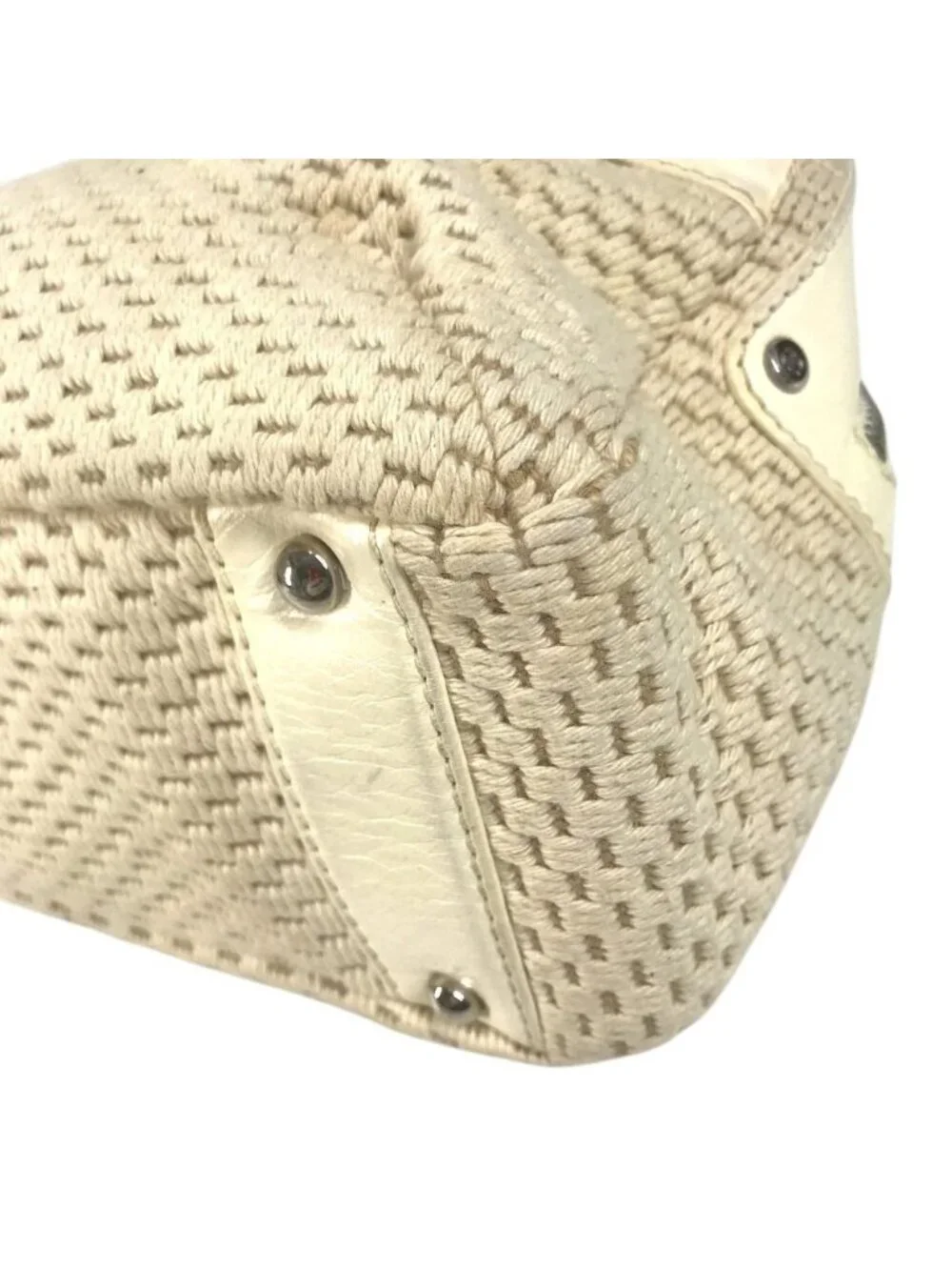 Chanel Shoulder Bag Logo Leather Canvas Beige